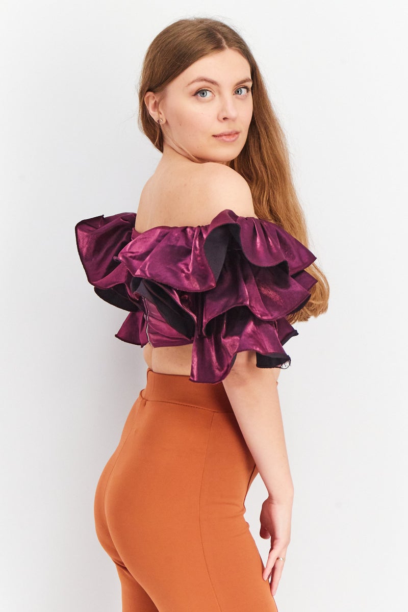 Yaura Women Off Shoulder Ruffle Sleeve Plain Cropped Top, Purple - Image 2